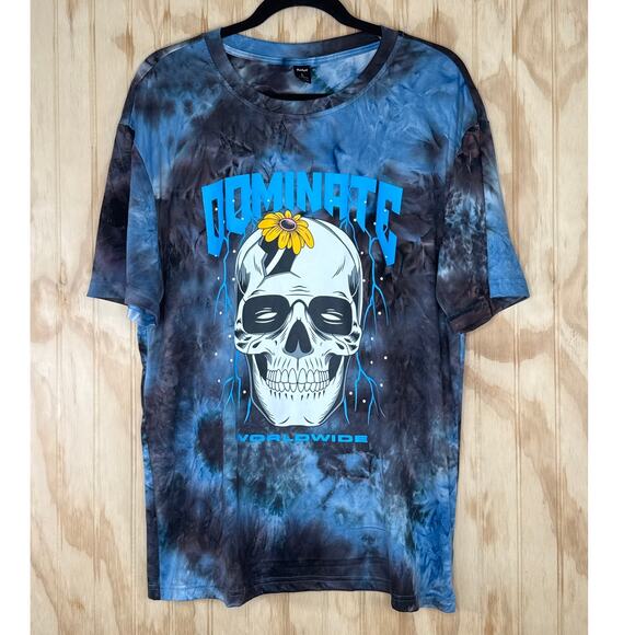 Romwe Sapstudio Skull Tie-Dye Graphic Tee Dominate Worldwide Size Large Goth Y2K - Picture 1 of 6